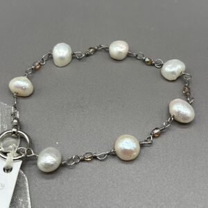 Freshwater Coin Pearl Bracelet Handmade Silver Tone Wire Wrapped Toggle Crystals